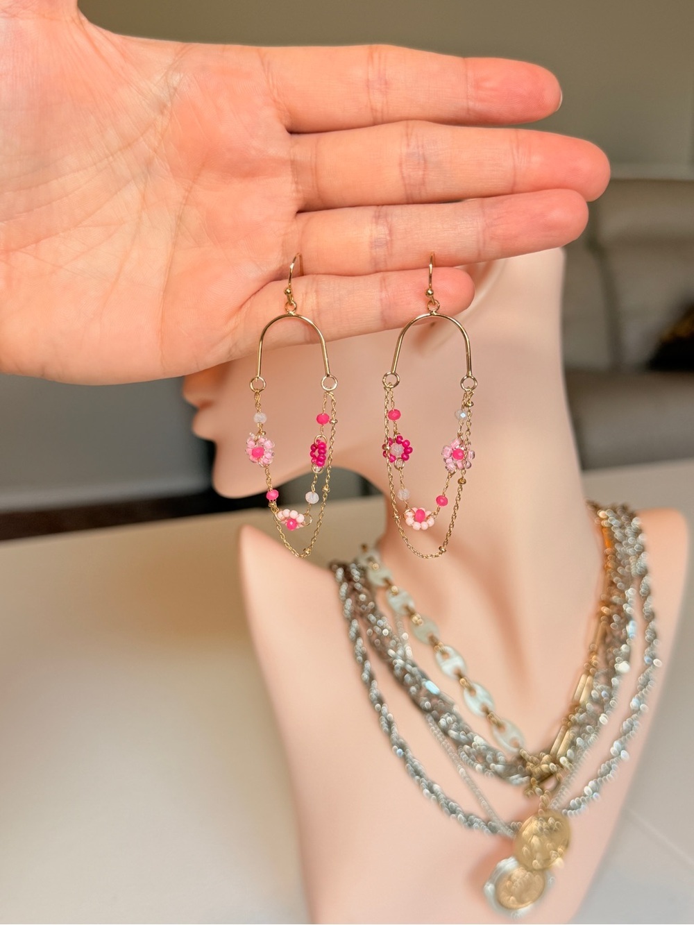 Gold Drop Earrings with Pink Beads
